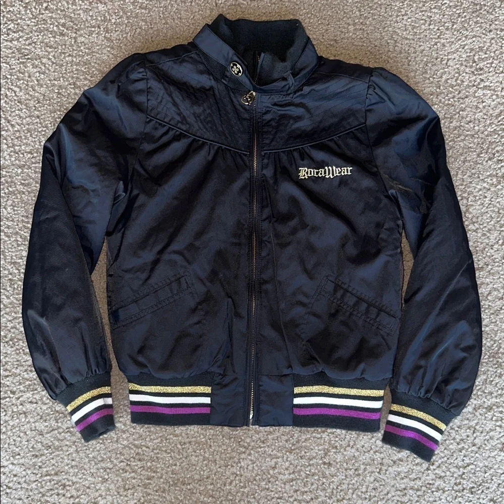 Rocawear Kids Black Puffer Jacket with Gold, Purple and White Stripes